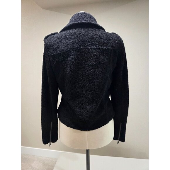 Black Sherpa Moto Jacket With Asymmetrical Zipper & Snap Buttons Long Sleeves - Picture 2 of 7